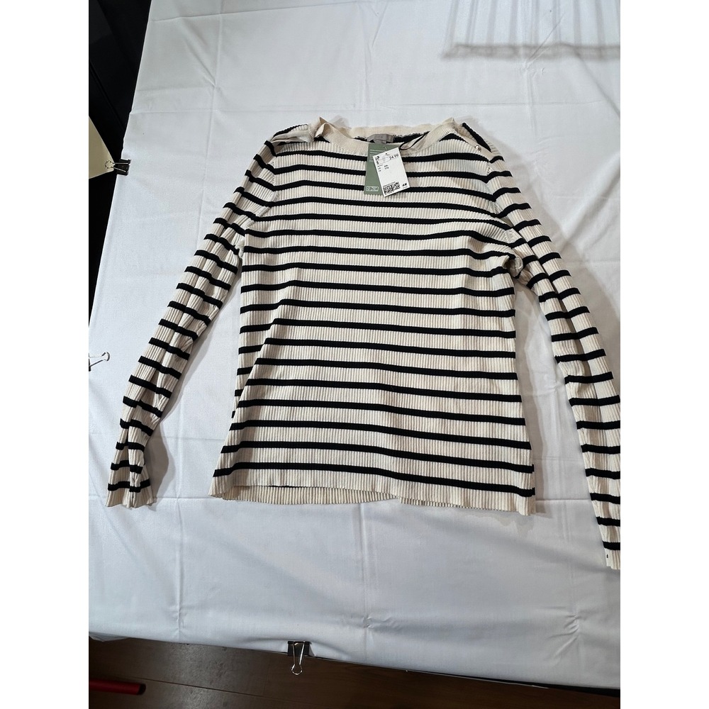 HM Womens XXL Ribbed Knit Striped Sweater Navy Cream Button Shoulder NWT